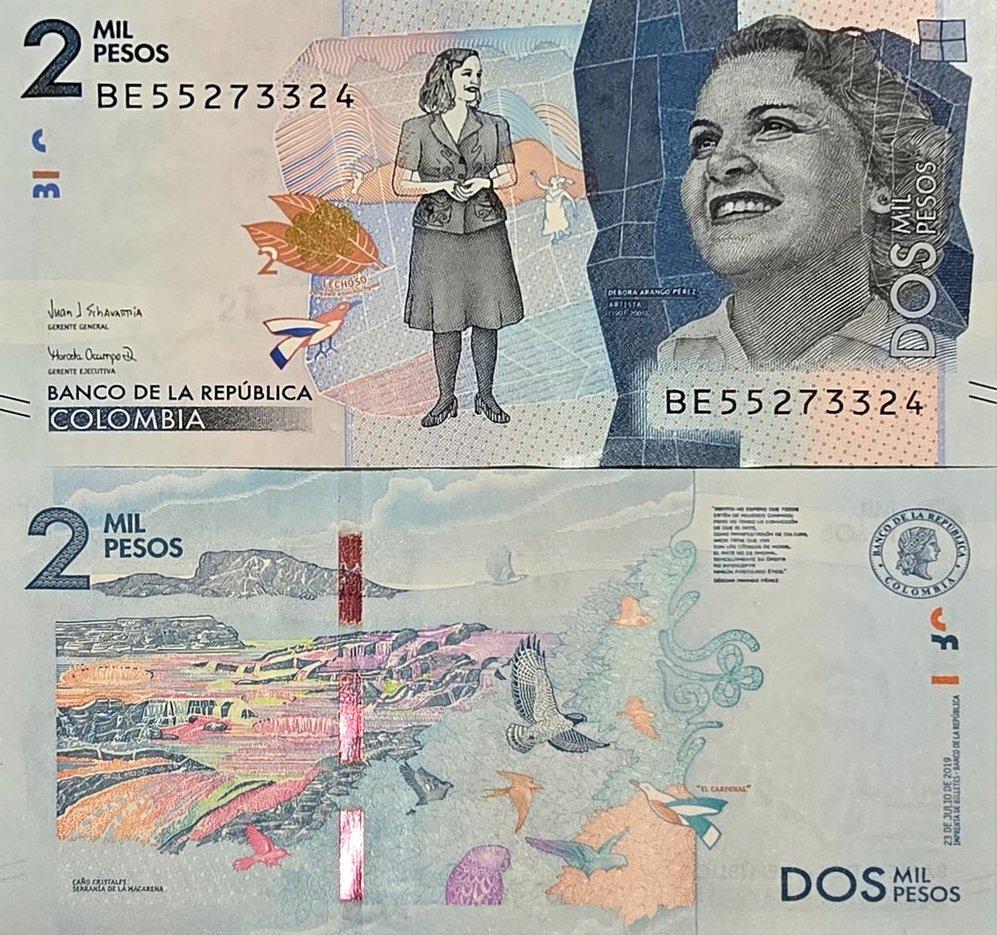 COLOMBIA 2000 Pesos Banknote, B-993d, UNCIRCULATED, 2019; features birds; Debora Cristales