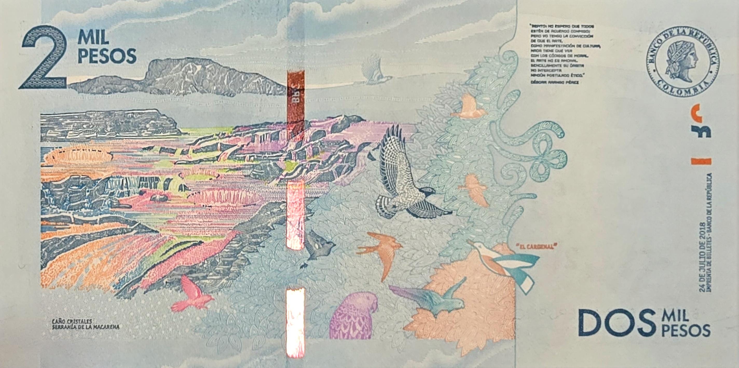 COLOMBIA 2000 Pesos Banknote, B-993d, UNCIRCULATED, 2019; features birds; Debora Cristales
