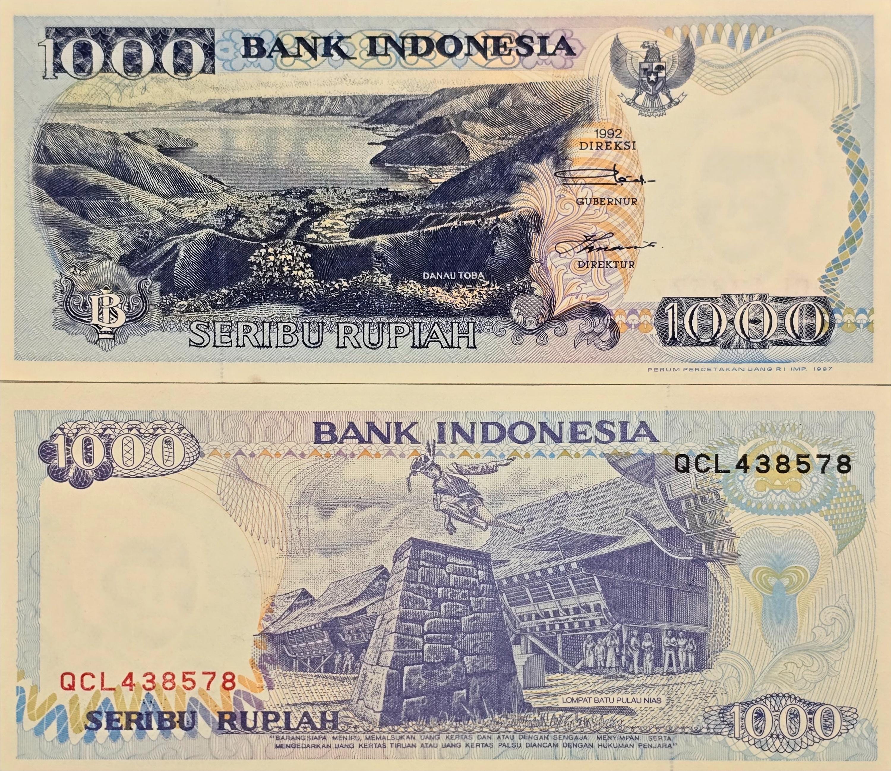 INDONESIA 1000 Rupiah, P- 129f, UNCIRCULATED, 1997; Lake Toba, stone jumping