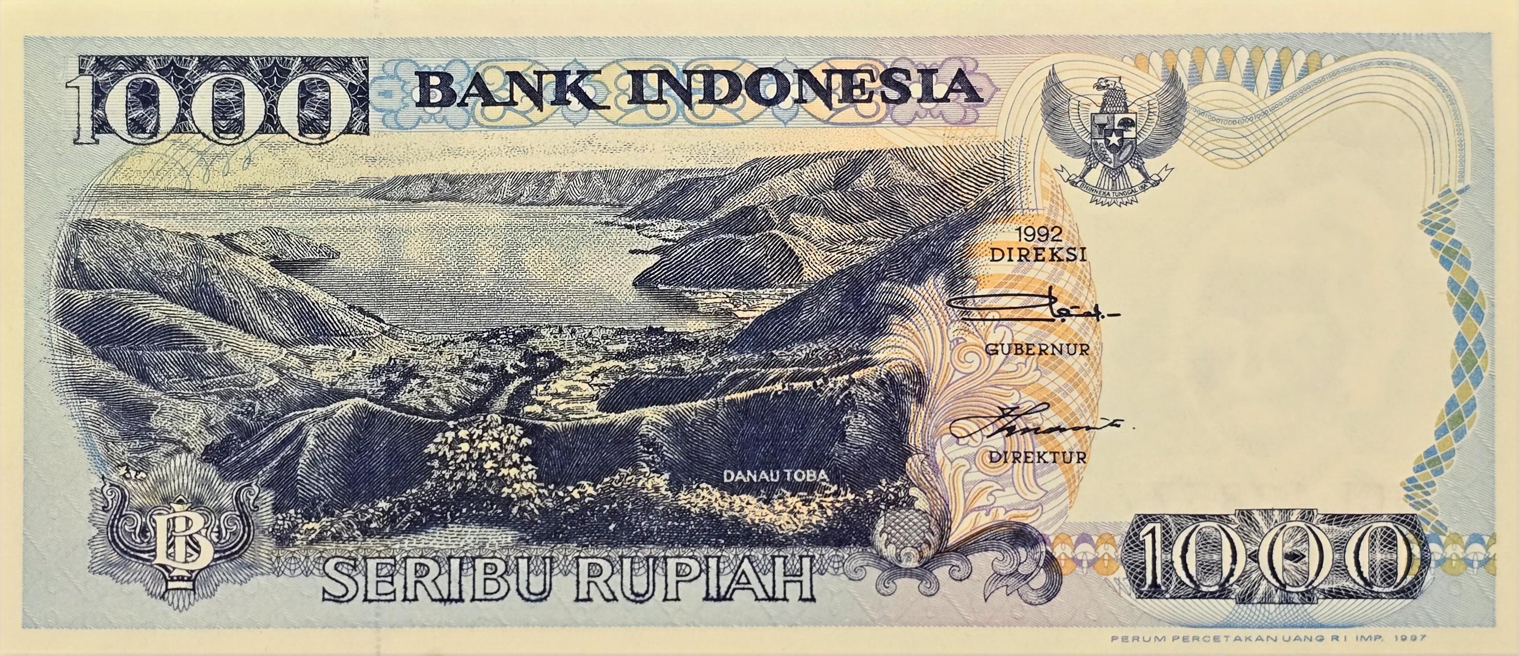 INDONESIA 1000 Rupiah, P- 129f, UNCIRCULATED, 1997; Lake Toba, stone jumping