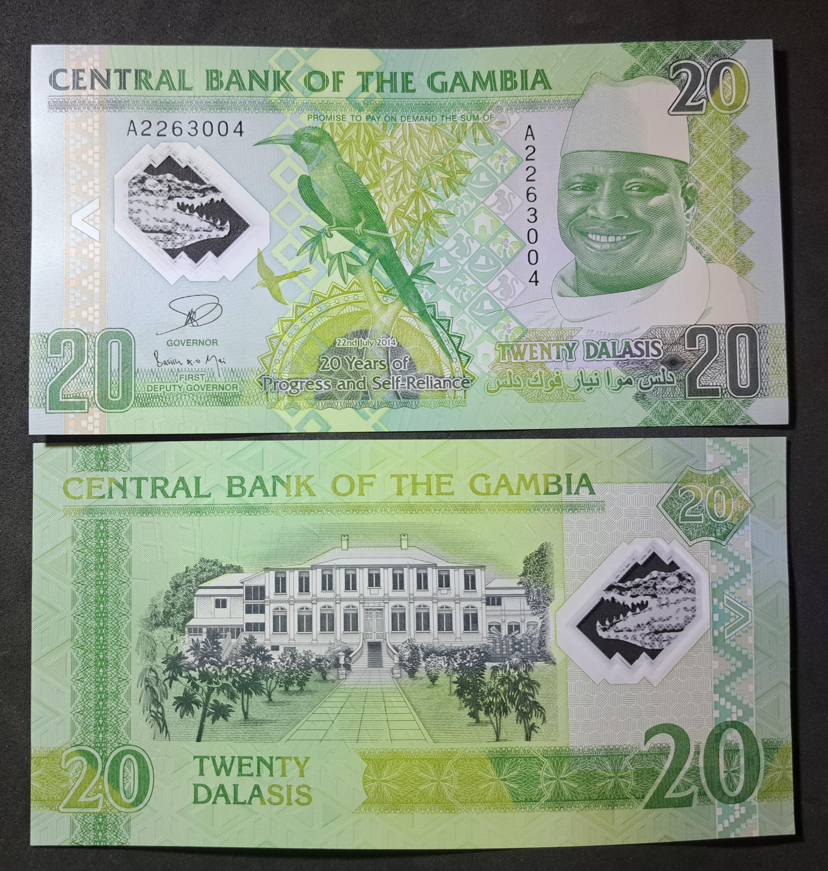GAMBIA 20 Dalasis Banknote; P -30; 2014, UNCIRCULATED; PREFIX A; Featuring a Carmine Bee Eater