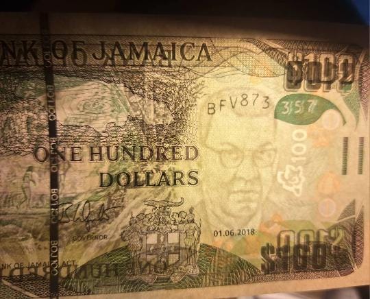 JAMAICA 100 Dollars; P-95e; UNCIRCULATED from 2018 featuring Dunns River Falls