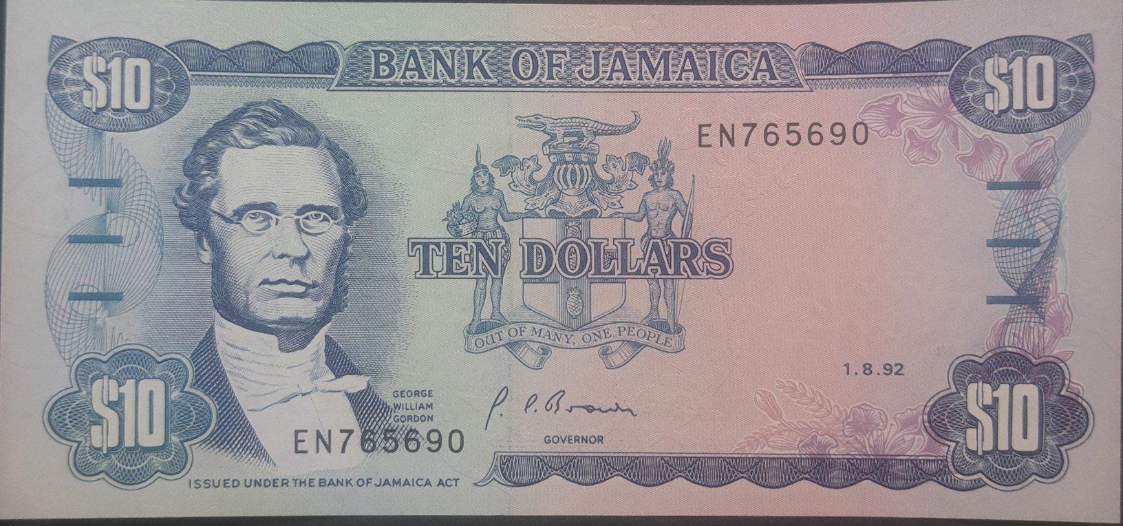 JAMAICA 10 Dollars Banknote; P-71d; UNCIRCULATED from 1992; featuring Bauxite Mining Scene