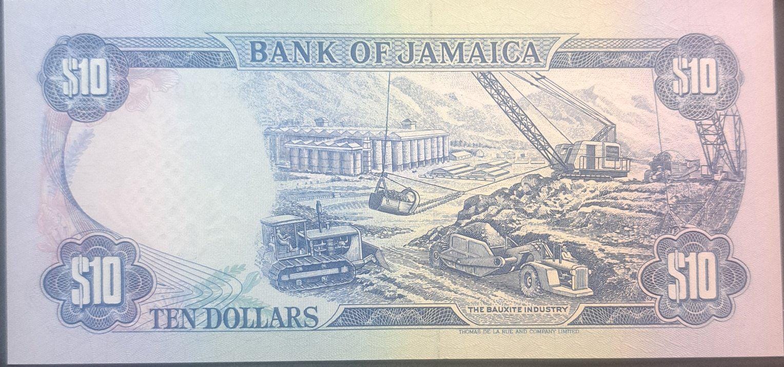 JAMAICA 10 Dollars Banknote; P-71d; UNCIRCULATED from 1992; featuring Bauxite Mining Scene