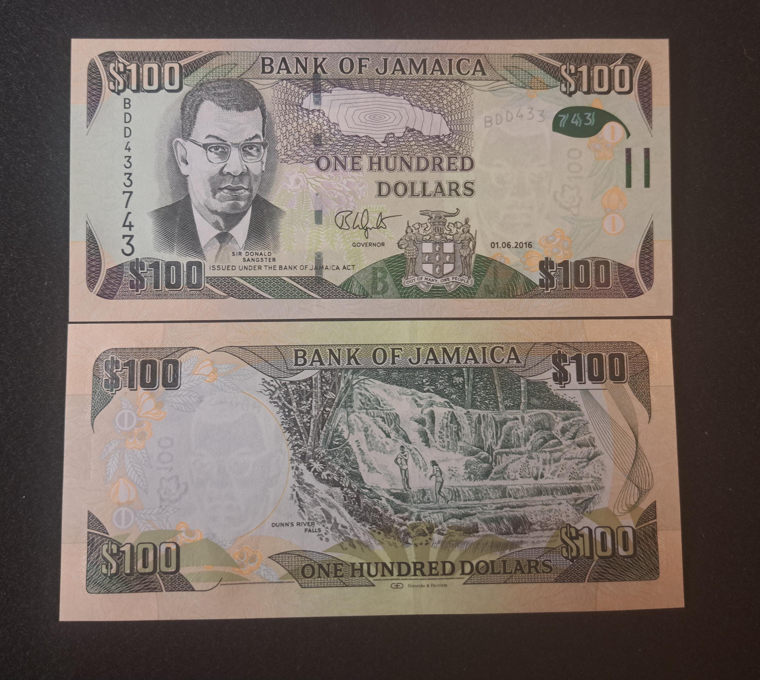 JAMAICA 100 Dollars; P-95d; UNC from 2016 featuring Dunns River Falls