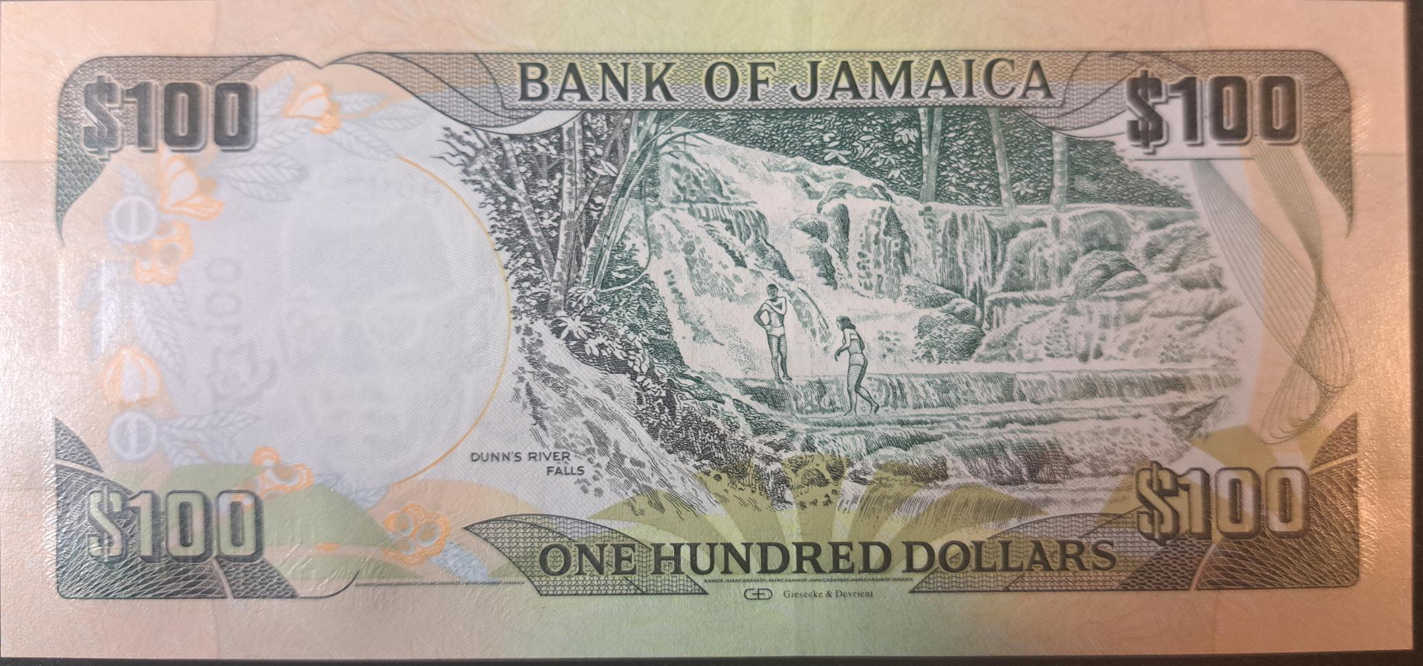JAMAICA 100 Dollars; P-95d; UNC from 2016 featuring Dunns River Falls