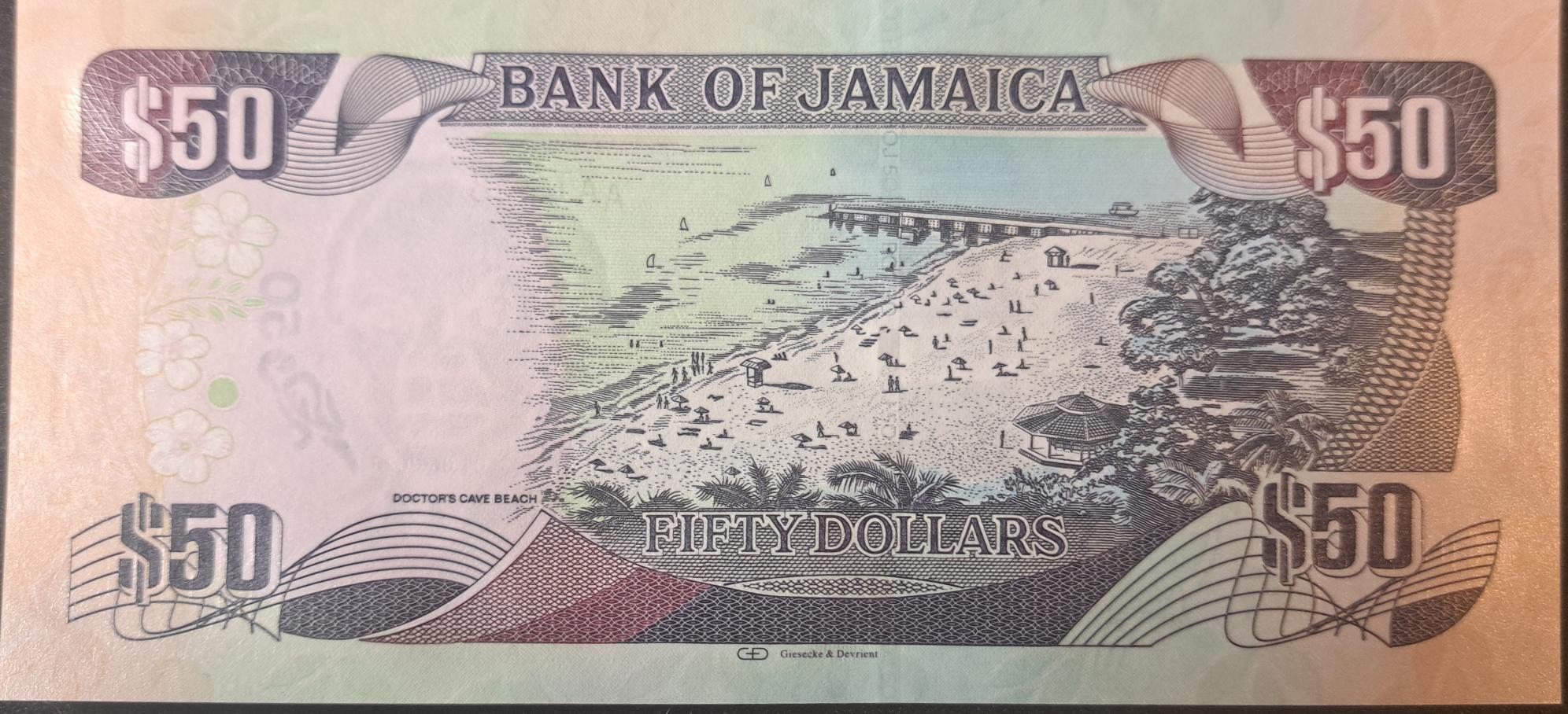 JAMAICA 50 Dollars; B-249f; UNC from 2020; Doctor's Cove Beach. Montego Bay