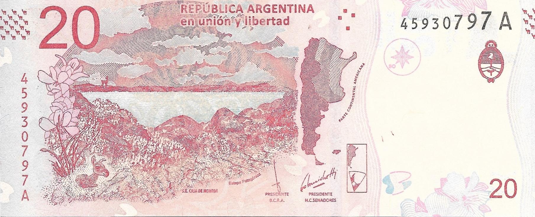 Argentina 20 Pesos, P-361, UNCIRCULATED, 2017; Patagonia Lake scene; Camel