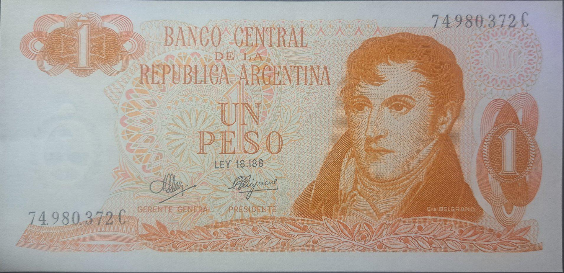 Argentina 1 Pesos, P-287; UNCIRCULATED; 1970; features Lake Scene