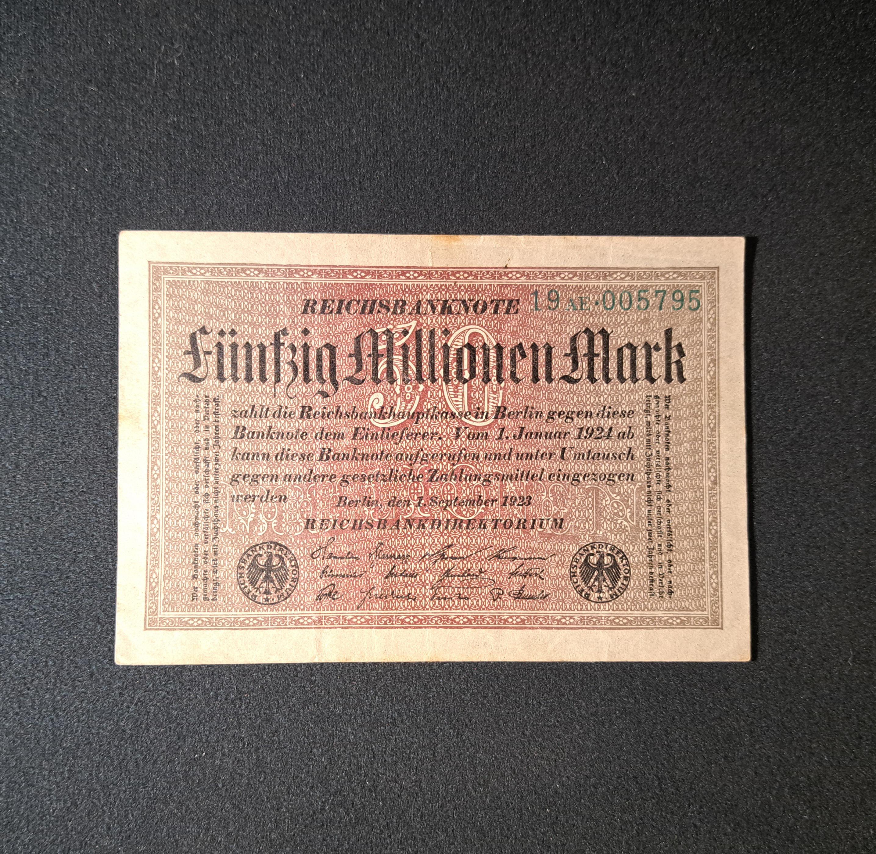 GERMANY 50 MILLION  Mark Banknote; p-109 from 1923, Very Fine; Uncommon Uniface Note