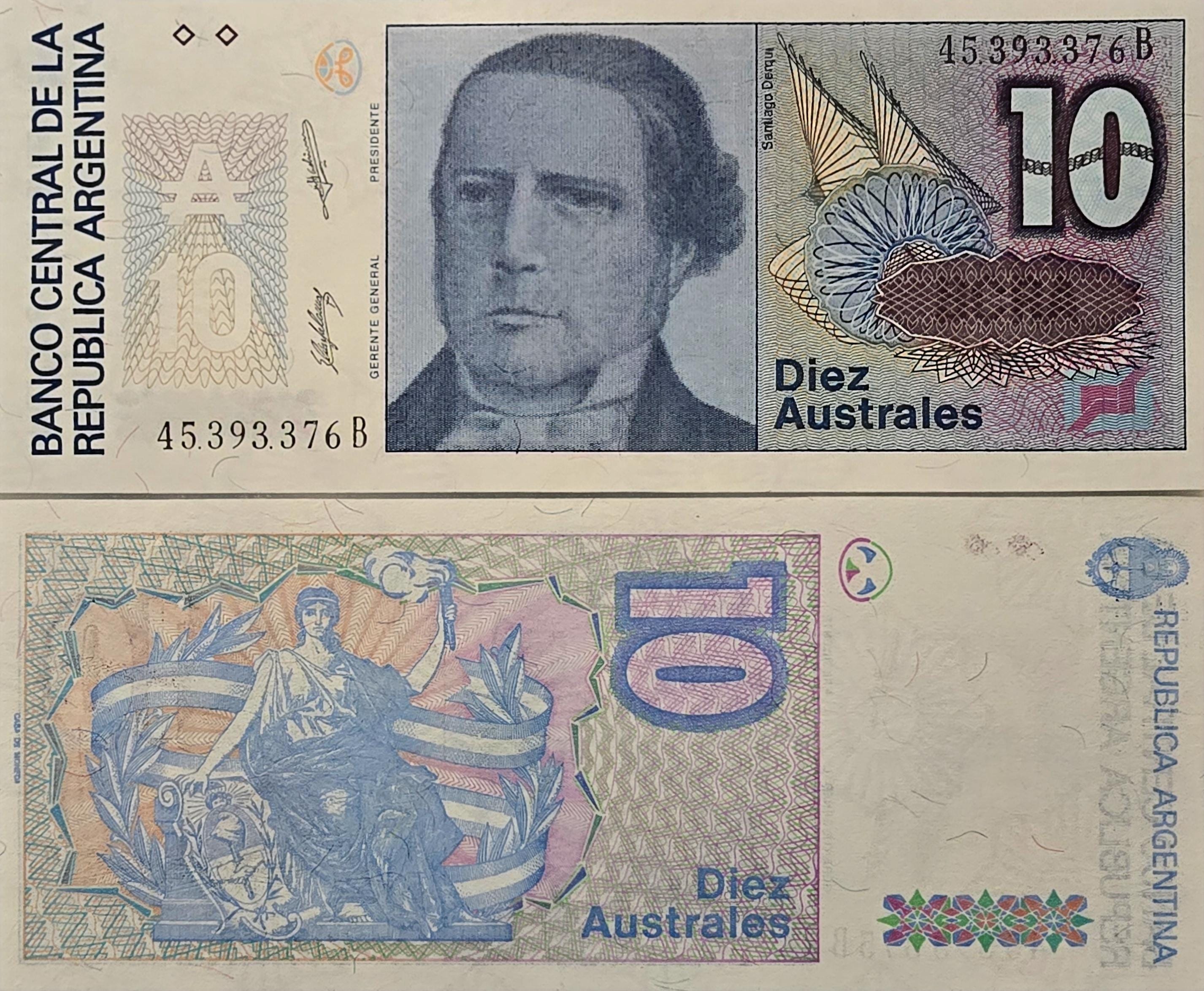 Argentina 10 Australes, P-325b, UNCIRCULATED; 1985; features S. Derqui