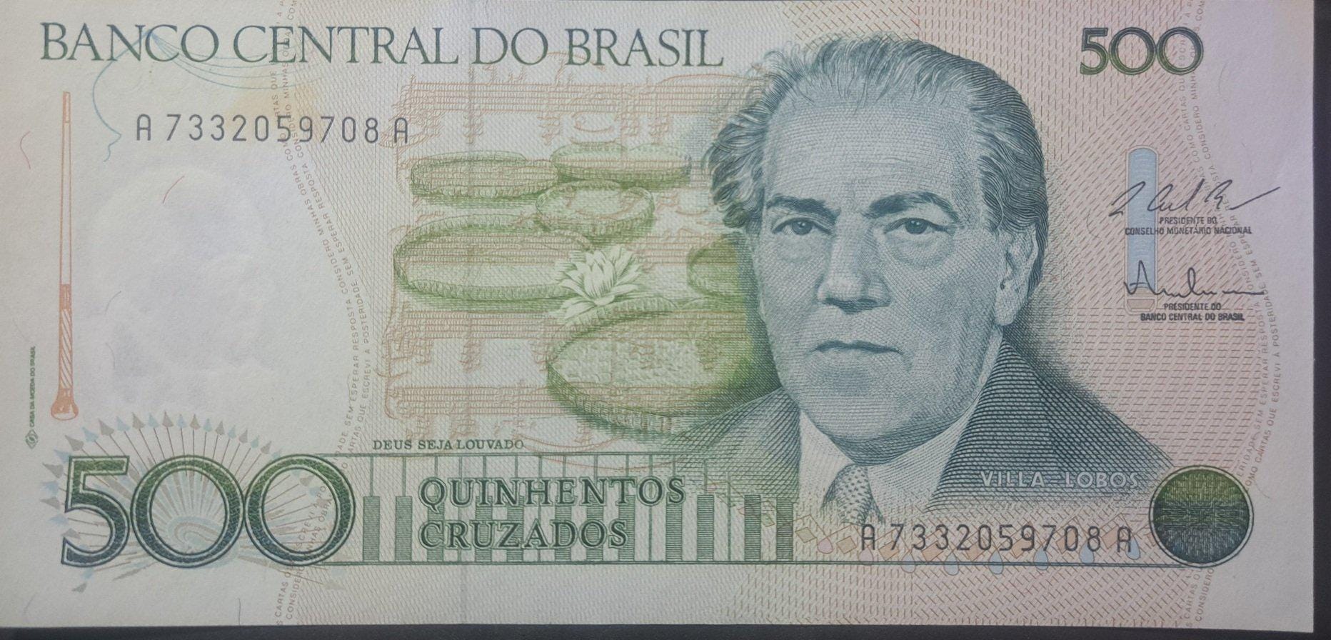 Brazil 500 Cruzados Banknote; P - 212c; UNCIRCULATED from 1987; features H Villa-Lobos