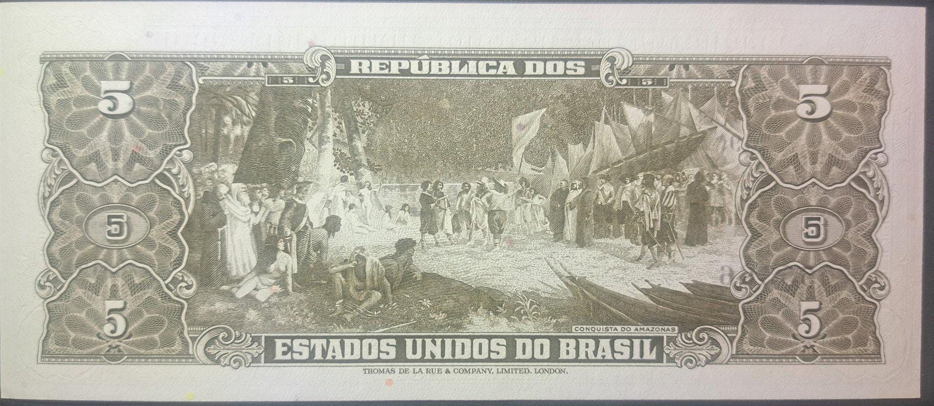 Brazil 5 Cruzeiros, P-176b; UNCIRCULATED; 1964; features the Amazon Conquest