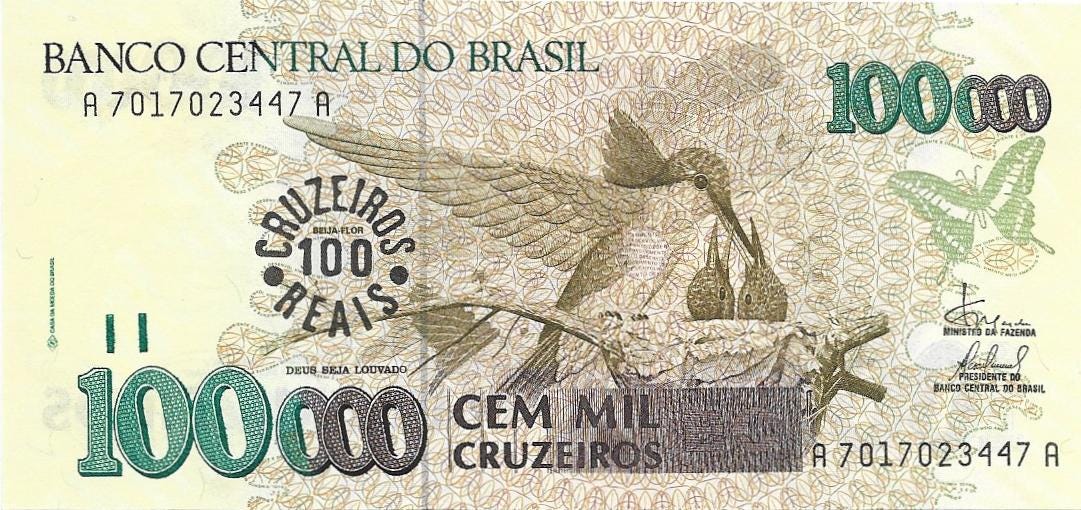 Brazil 100 Reals on 100000 Cruzeiros Banknote; P -238; UNCIRCULATED, 1993; features a Hummingbird feeding nestlings and a Butterfly