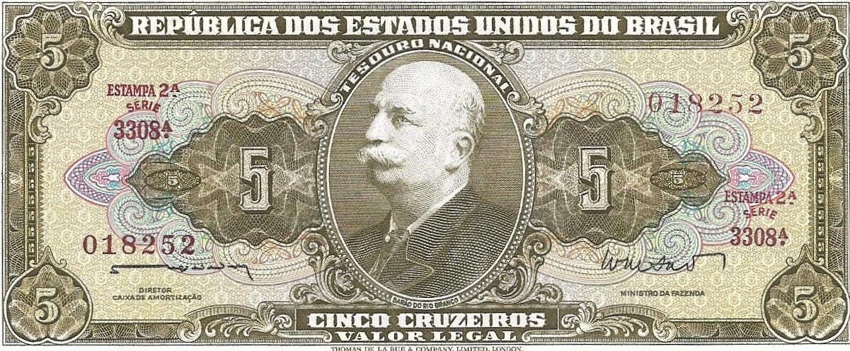 Brazil 5 Cruzeiros, P-176a; UNCIRCULATED; 1964; features the Amazon Conquest