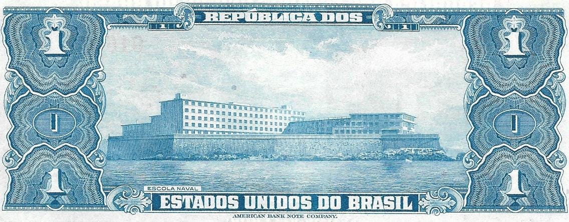 Brazil 1 Cruzeiro Banknote; P-150c, UNCIRCULATED, 1954-1958 ~ features Naval School