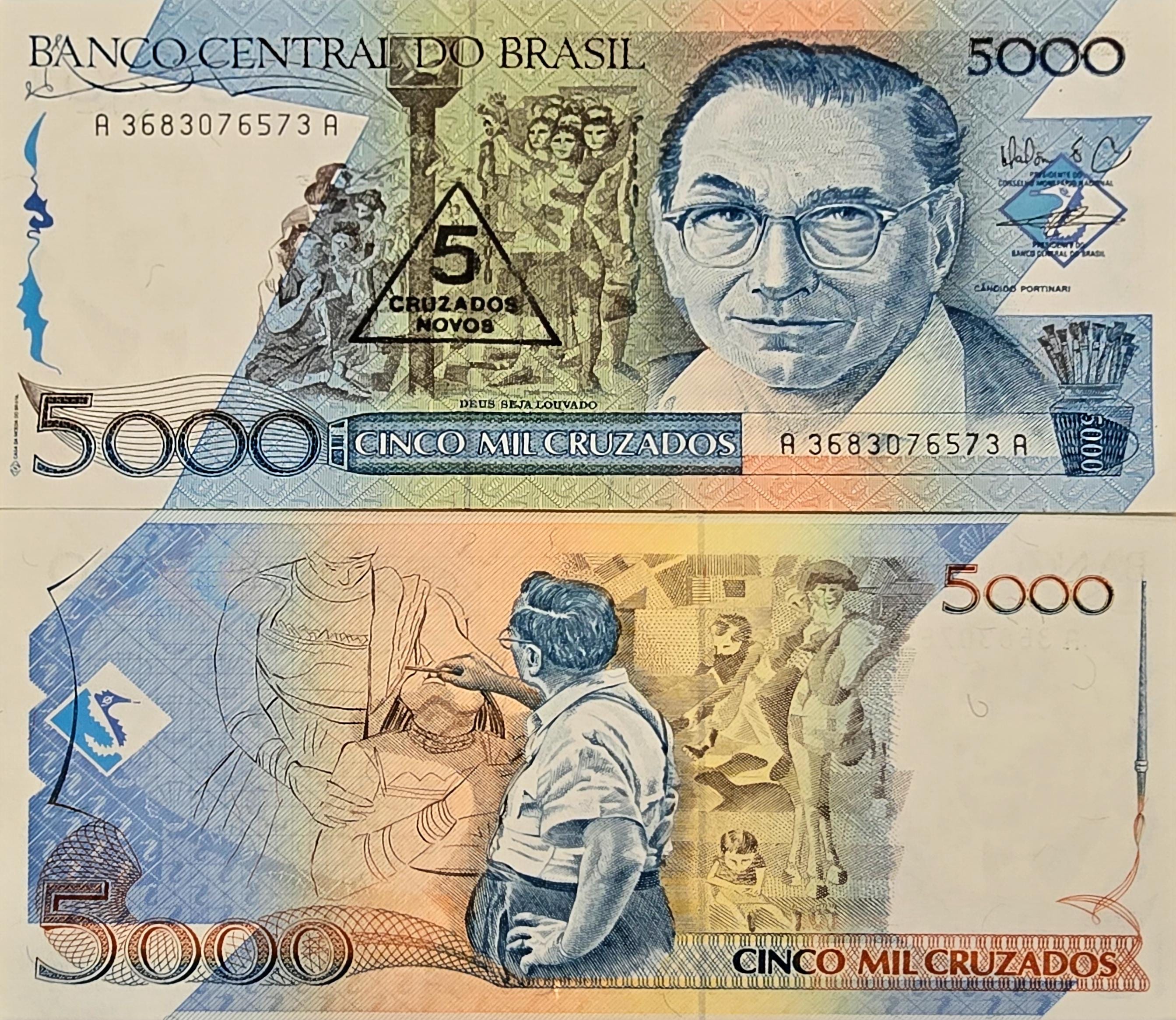 Brazil 5 Cruzados Novos Overprint Banknote, P-217b, UNCIRCULATED, 1989, Features C. Portinari painting