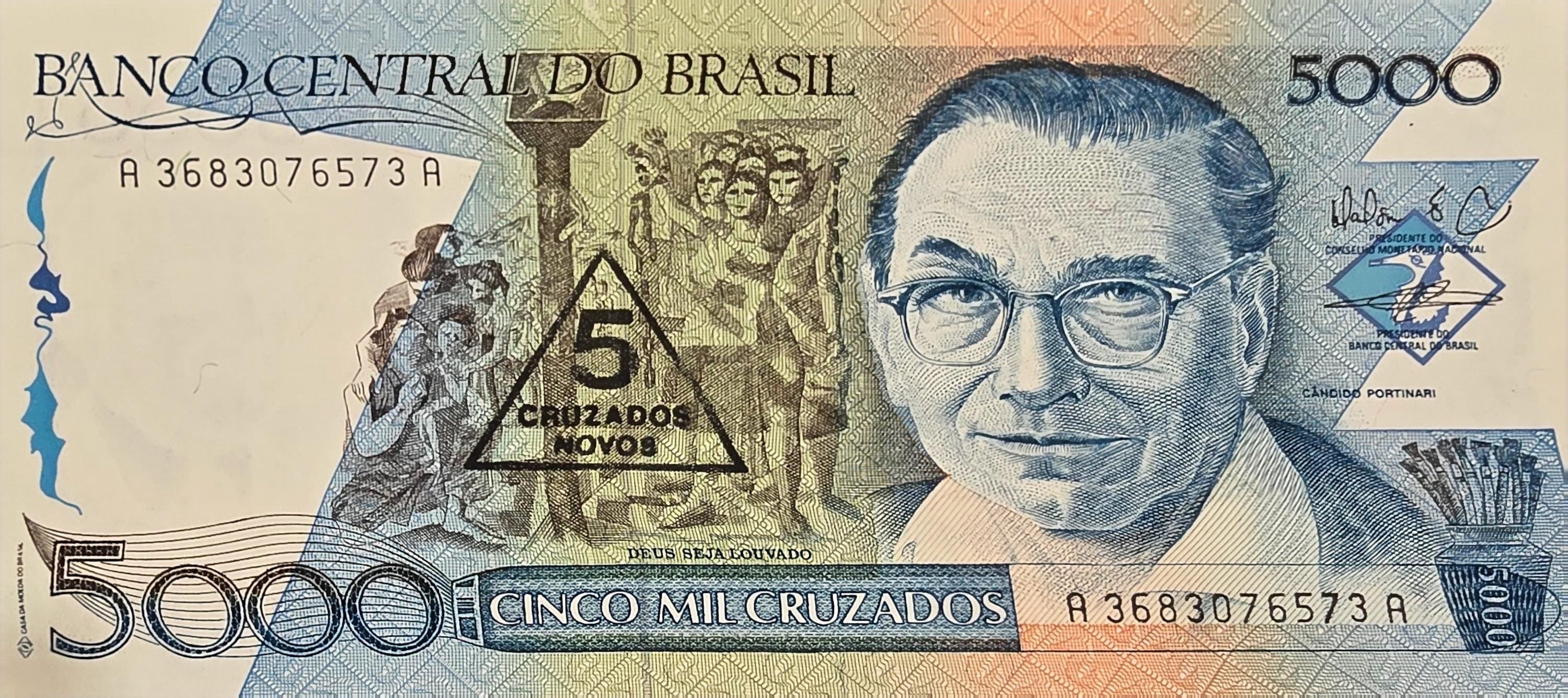 Brazil 5 Cruzados Novos Overprint Banknote, P-217b, UNCIRCULATED, 1989, Features C. Portinari painting