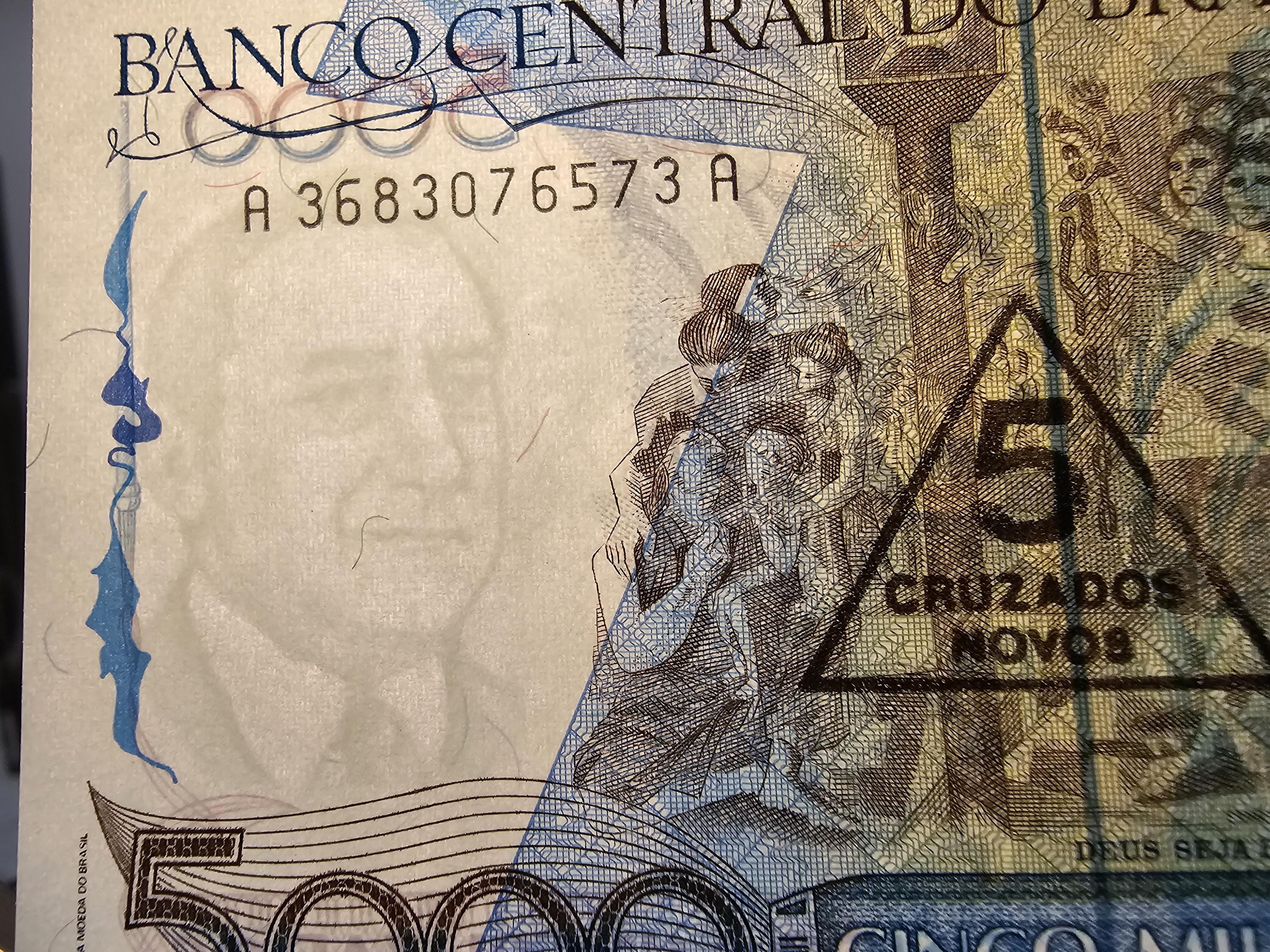 Brazil 5 Cruzados Novos Overprint Banknote, P-217b, UNCIRCULATED, 1989, Features C. Portinari painting