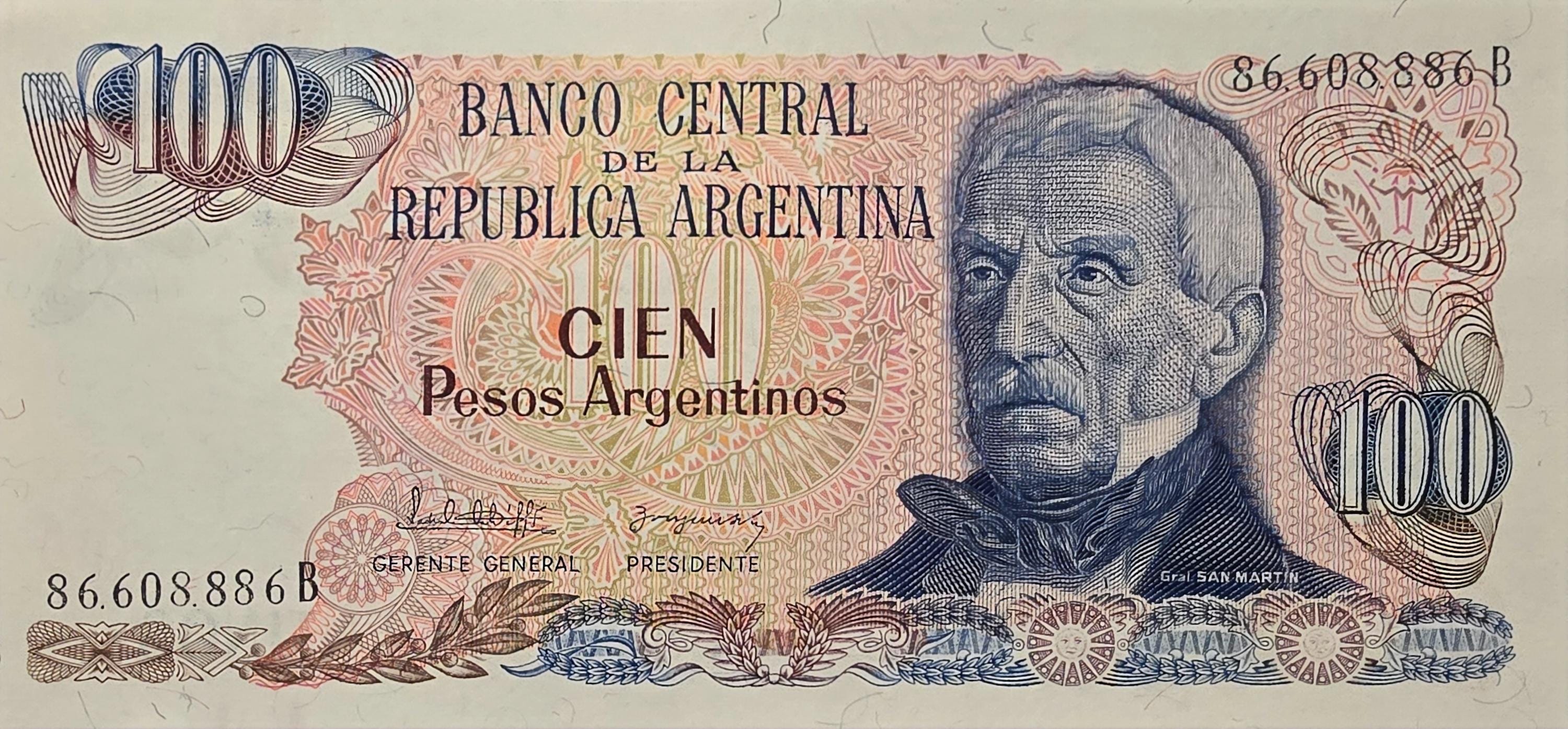 Argentina 100 Pesos, P-315; UNCIRCULATED; 1983; features Coastline of Ushuaia