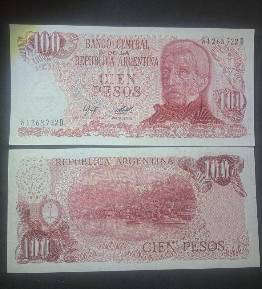 Argentina 100 Pesos, P-302b; UNCIRCULATED; 1976-78; features the coastline of Ushuaia