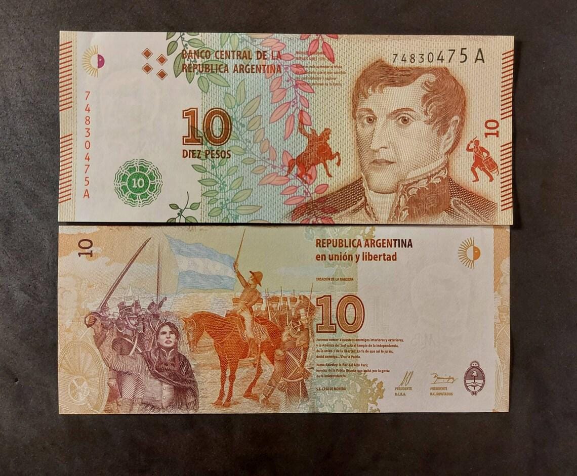 Argentina 10 Pesos, P-360; UNCIRCULATED, 2016; features Riders with swords on horses