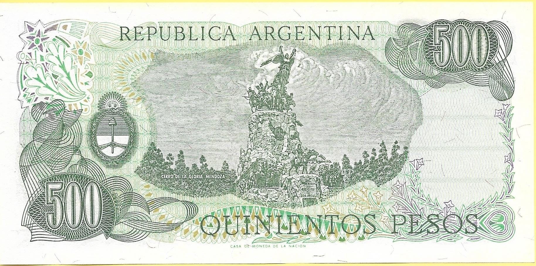 Argentina 500 Pesos, P-303c; UNCIRCULATED, 1977; features an Army Monument