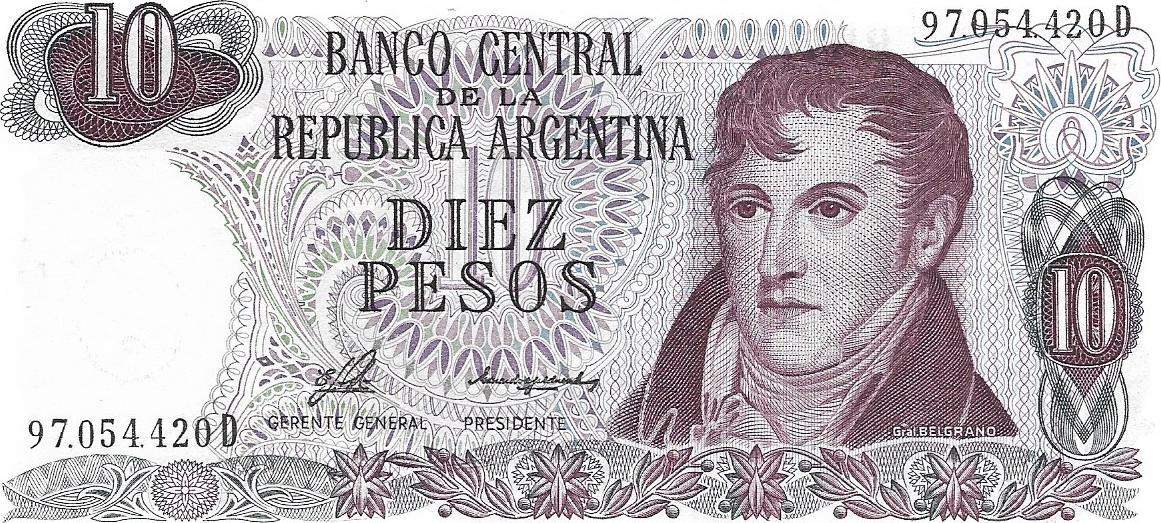 Argentina 10 Pesos, P-300; SIGNATURE VARIETY 1; UNCIRCULATED, 1976, features Waterfalls