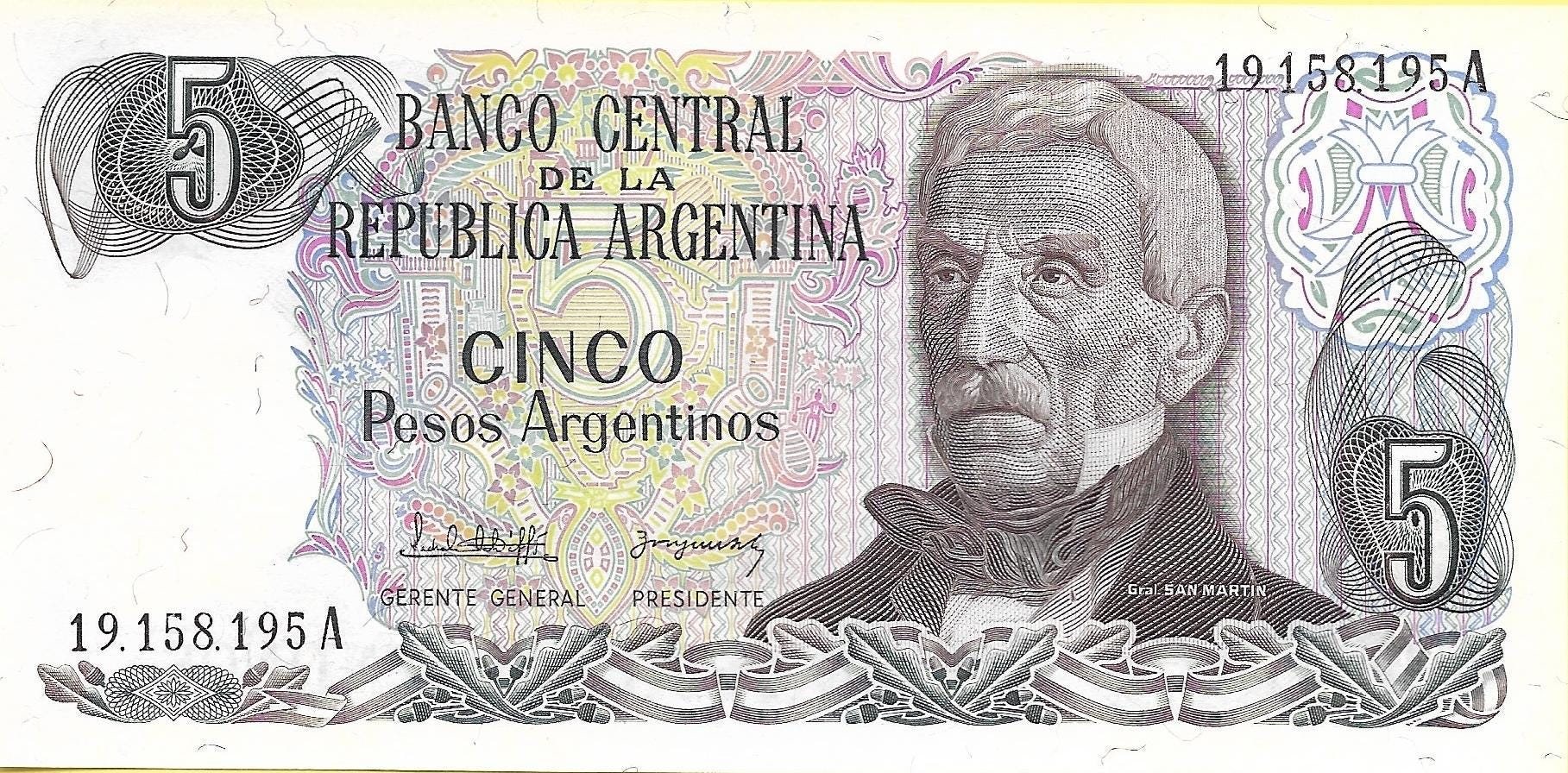 Argentina 5 Pesos Argentinos; P-312 SIGNATURE VARIETY 2; UNCIRCULATED, 1983-84; features a Monument
