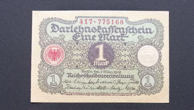 GERMANY 1 Mark Banknote, P-58, 1920, UNCIRCULATED, Over 100 years old