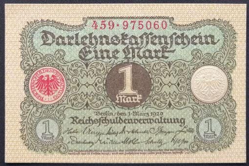 GERMANY 1 Mark Banknote, P-58, 1920, UNCIRCULATED, Over 100 years old