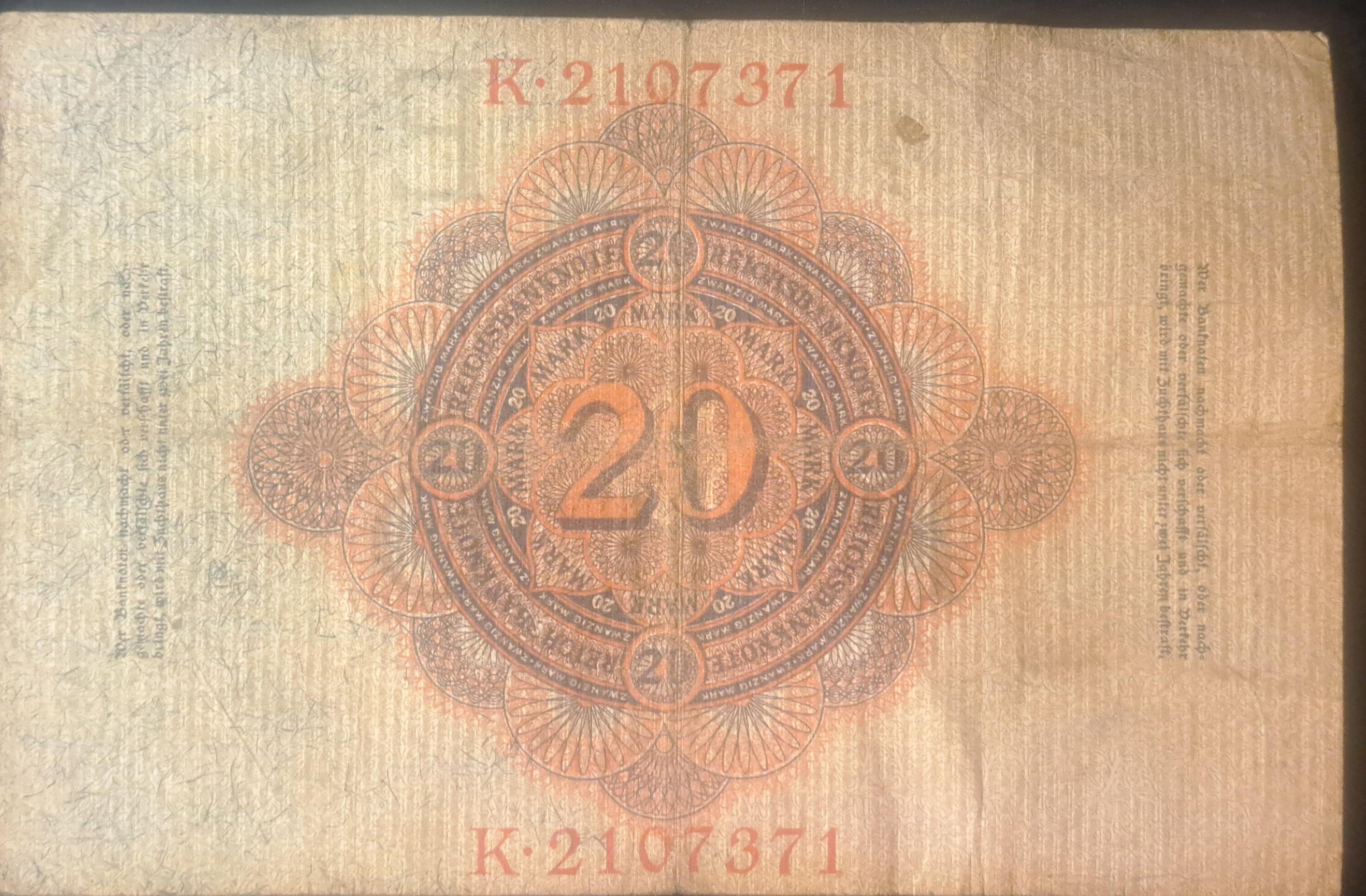 GERMANY 20 Marks, p-46b, 1914, Fine, eagle design