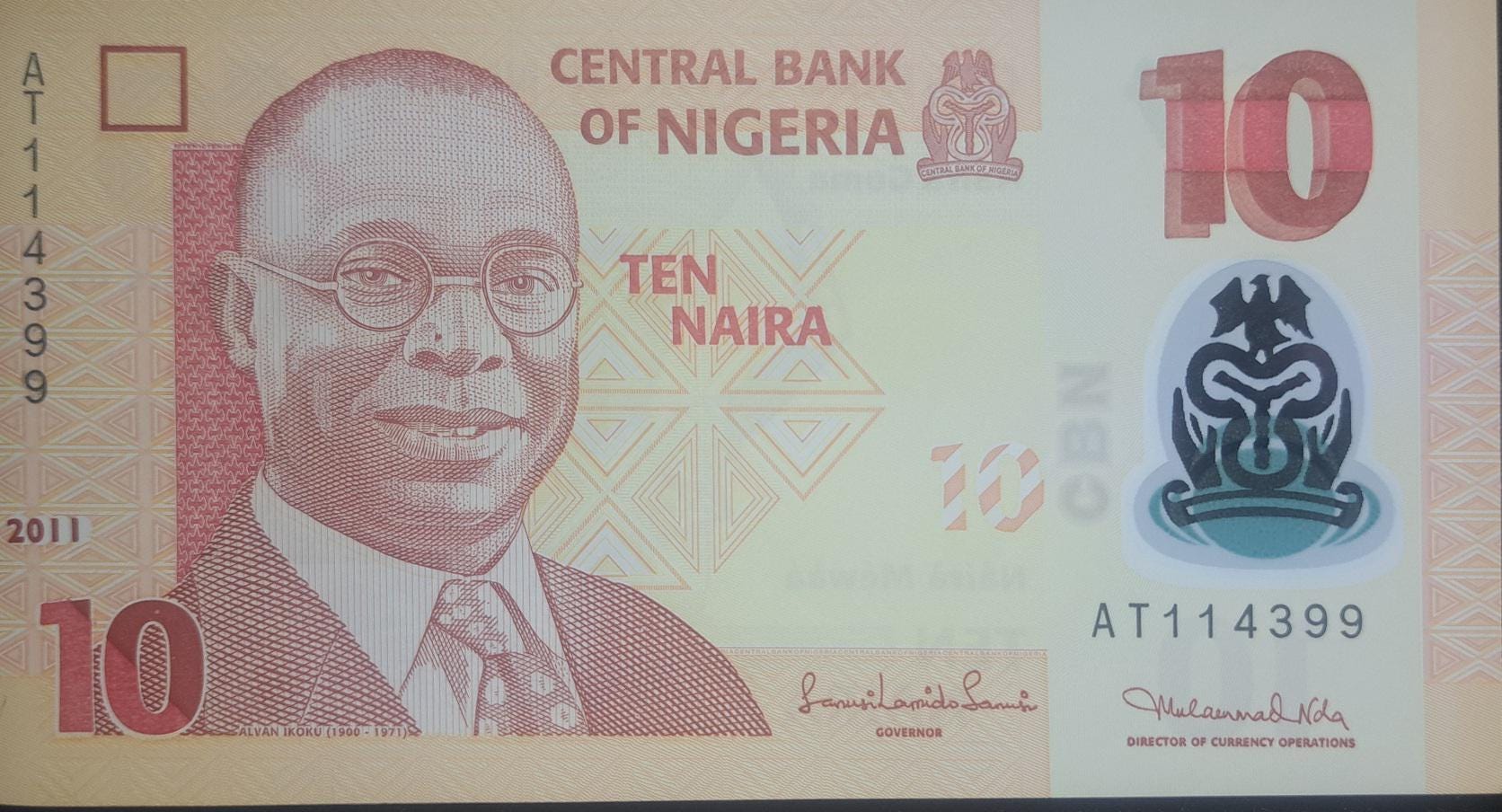 Nigeria 10 Naira, P-39c, UNC from 2011, Alvan Ikoku ~ POLYMER Note