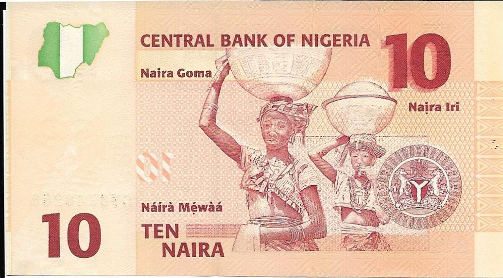 Nigeria 10 Naira Banknote; P-33a, UNCIRCULATED, 2006; features women carrying baskets