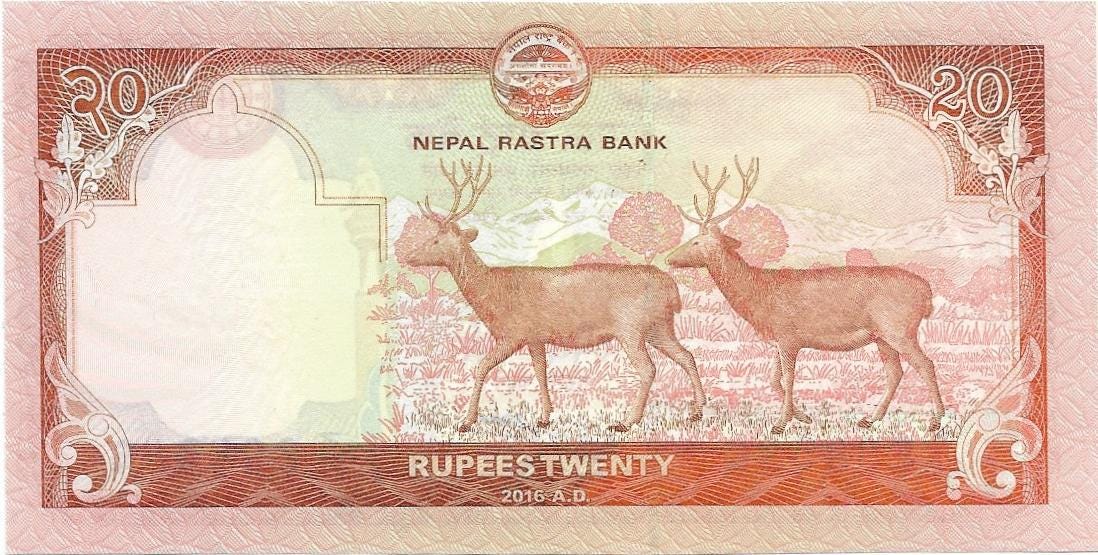 NEPAL 20 Rupees banknote; P-78, UNCIRCULATED, 2016; features a Swamp Deer; Mount Everest