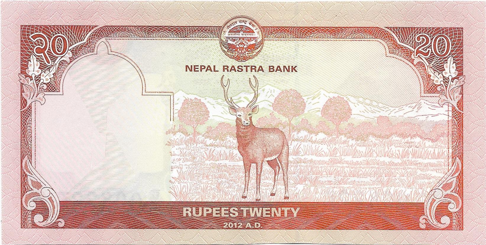 NEPAL 20 Rupees, P-71, UNCIRCULATED, 2012; Mount Everest and Stag