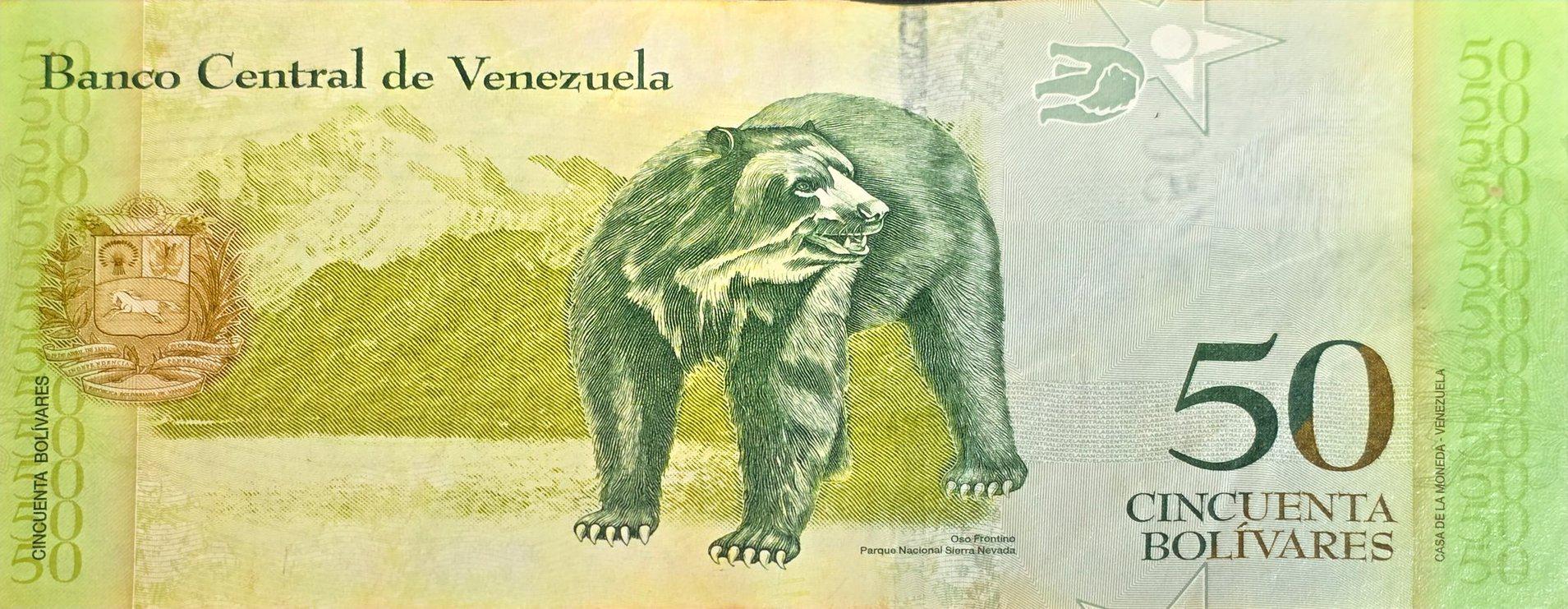 Venezuela 50 Bolivares Banknote, P-92k, CIRCULATED from 2015; features a Bear