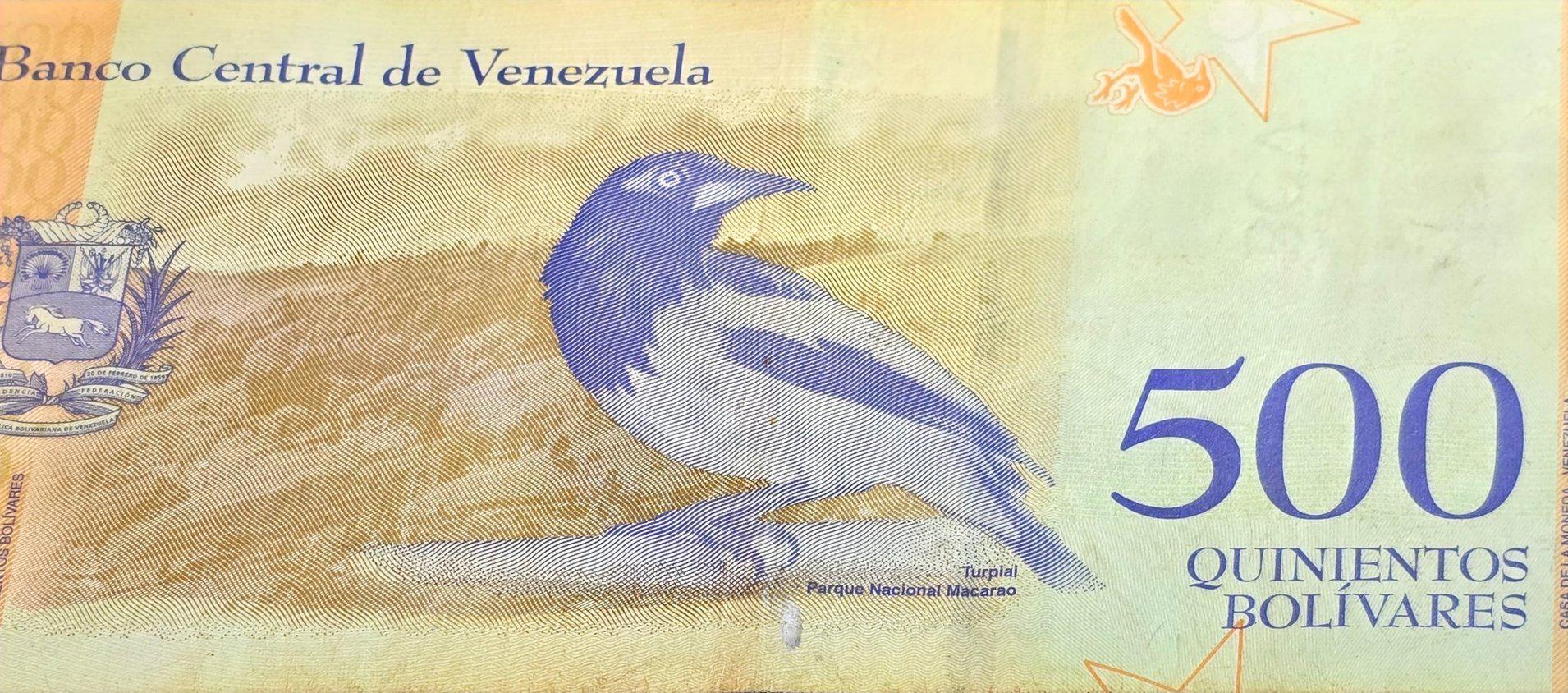 Venezuela 500 Bolivares Soberano Banknote, P-108b, CIRCULATED from 2018; features Tropical Bird with Park