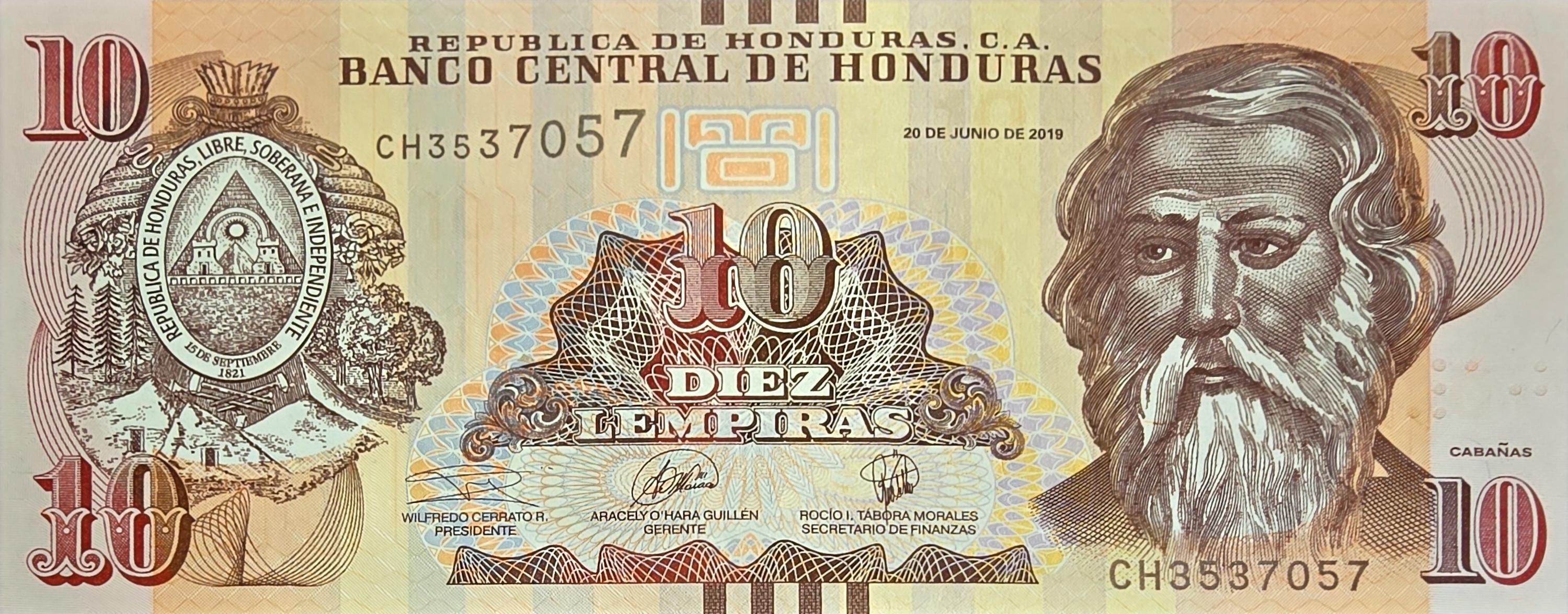 HONDURAS 10 Lempira Banknote, B-347d, UNCIRCULATED from 2019; featuring the city University