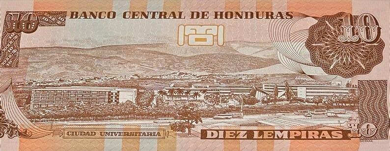 HONDURAS 10 Lempira Banknote, B-347d, UNCIRCULATED from 2019; featuring the city University