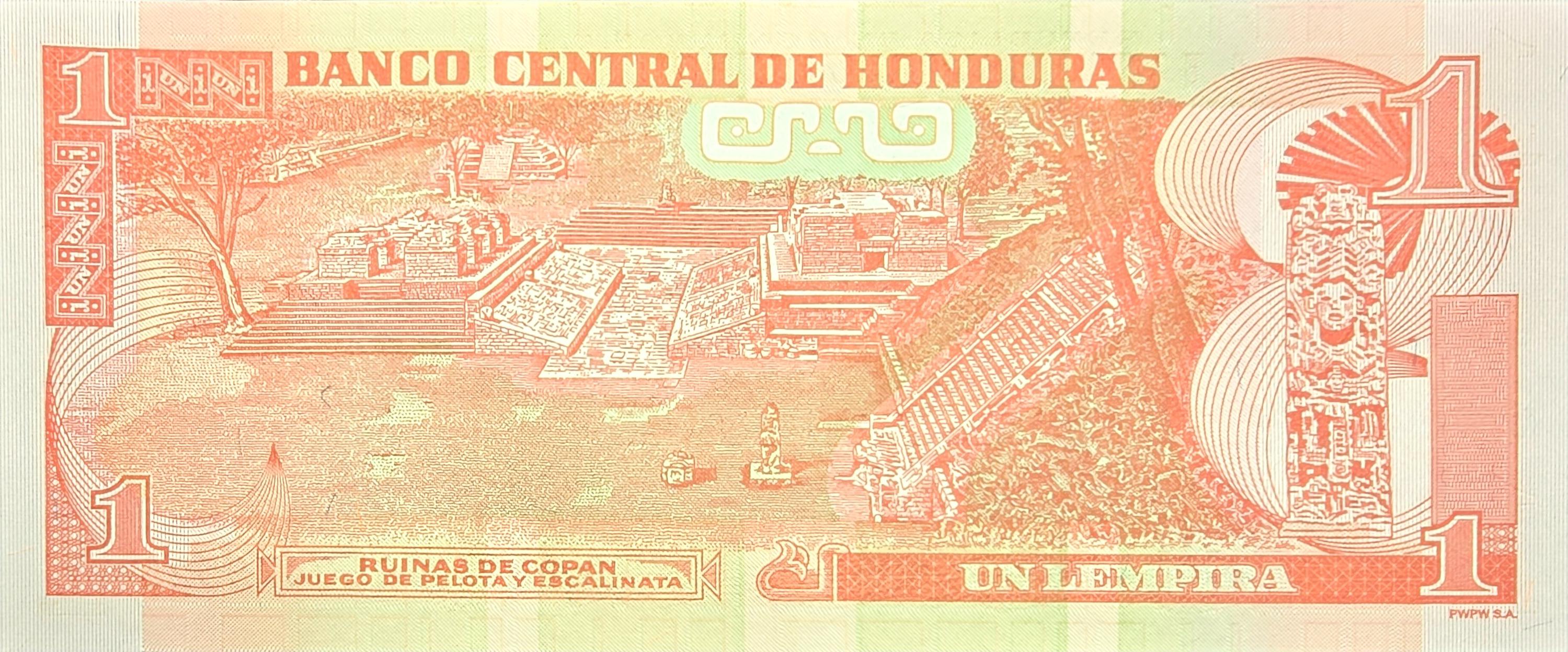 HONDURAS 1 Lempira Banknote, B-344d, UNCIRCULATED from 2019; featuring the Myan Ruins of Copan
