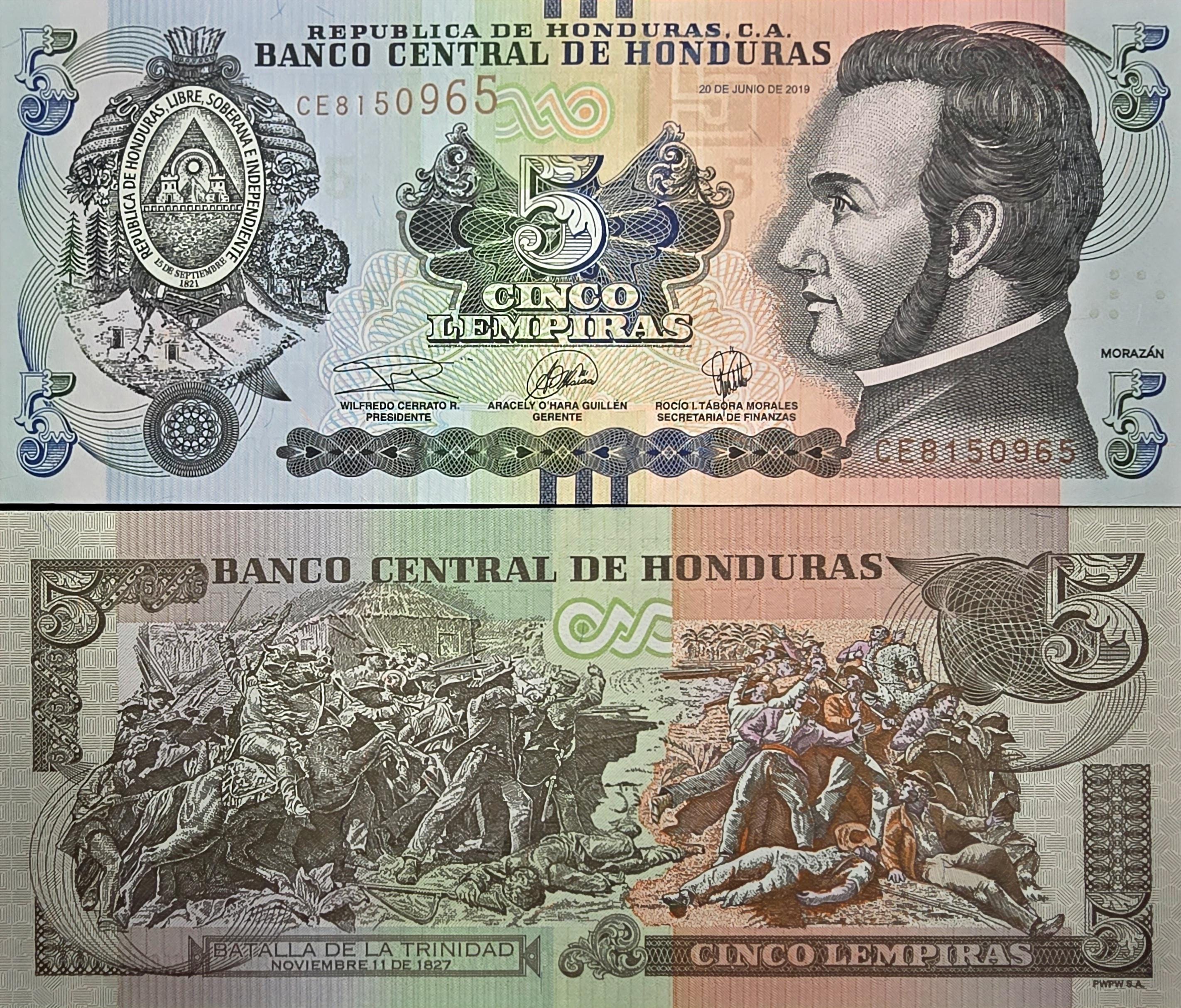 HONDURAS 5 Lempira Banknote, B-346d, UNCIRCULATED from 2019; featuring The Battle of Trinidad (1827)