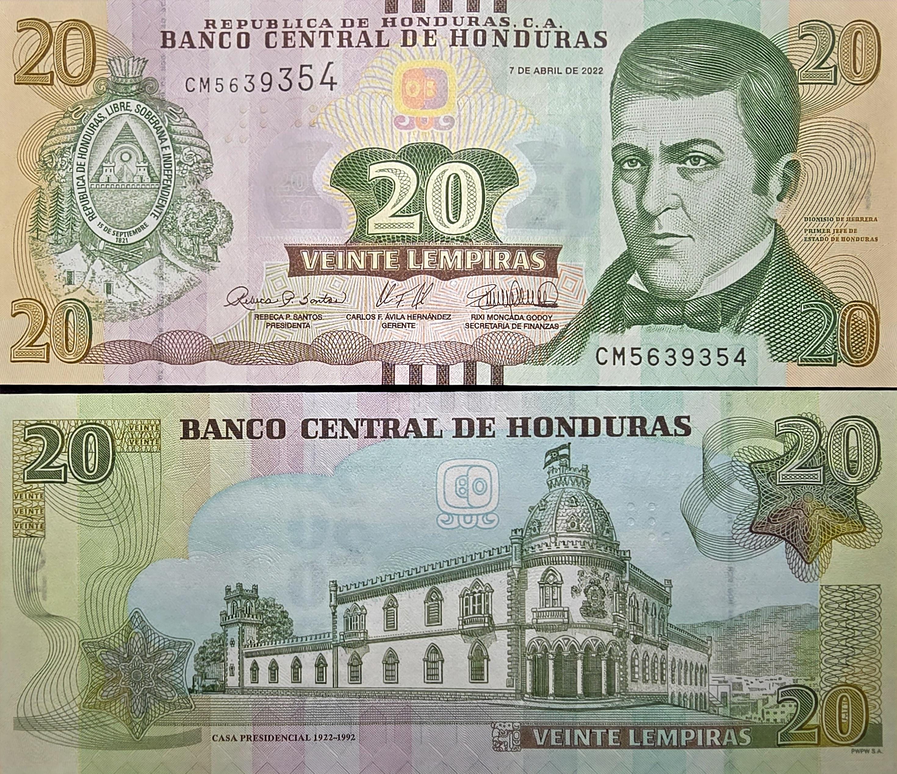 HONDURAS 20 Lempira Banknote, B-348e, UNCIRCULATED from 2022; featuring the Presidential Palace