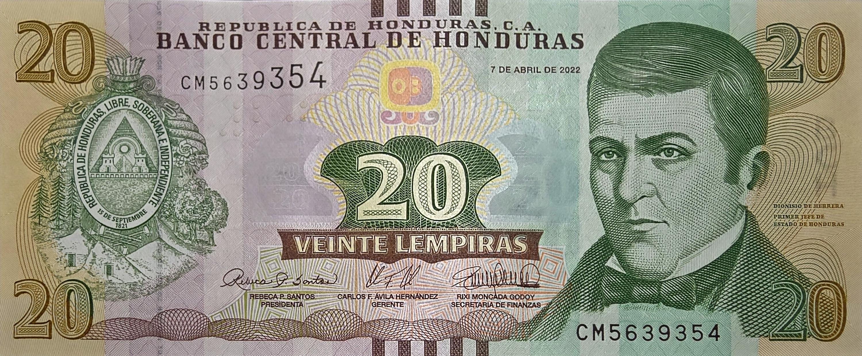 HONDURAS 20 Lempira Banknote, B-348e, UNCIRCULATED from 2022; featuring the Presidential Palace