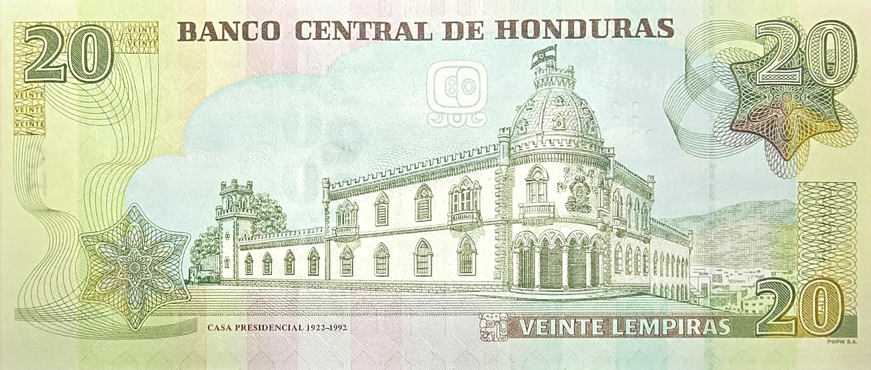 HONDURAS 20 Lempira Banknote, B-348e, UNCIRCULATED from 2022; featuring the Presidential Palace
