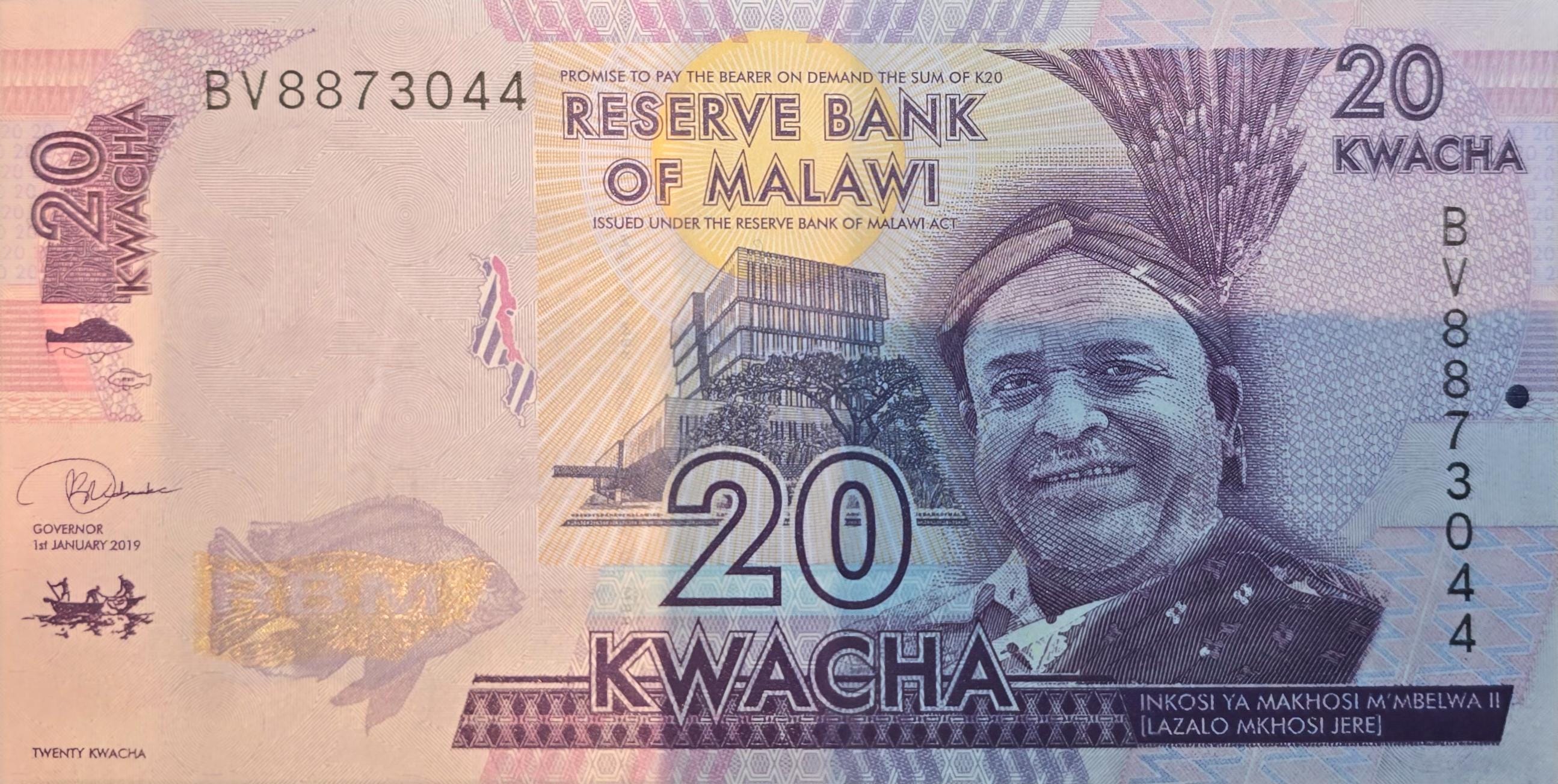 MALAWI 20 Kwacha, P-63e, UNCIRCULATED, 2019; features a School and Books