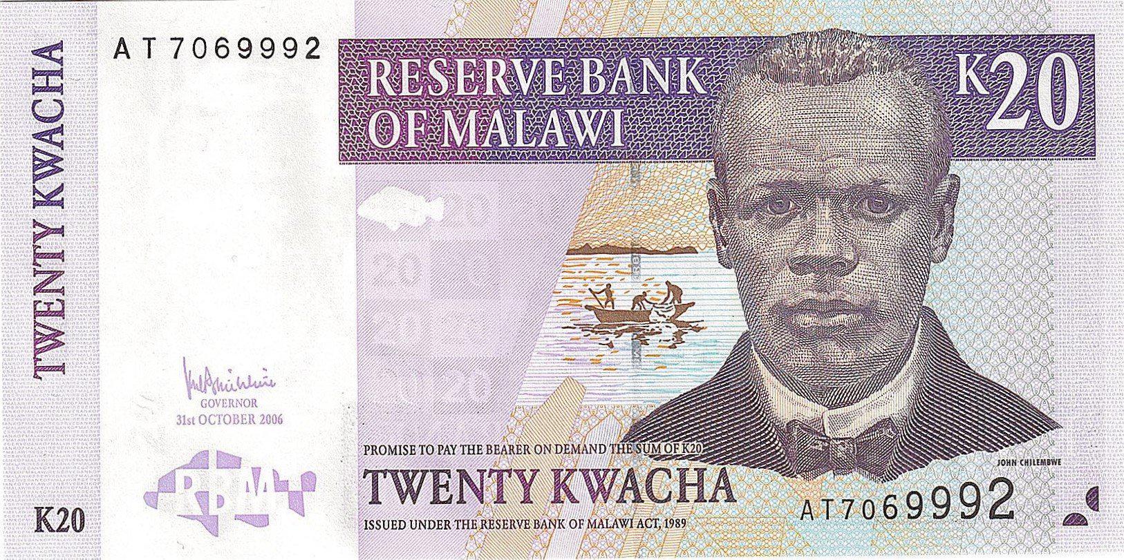 MALAWI 20 Kwacha, P-52b, UNCIRCULATED, 2006, features FISH and Tea Plantation