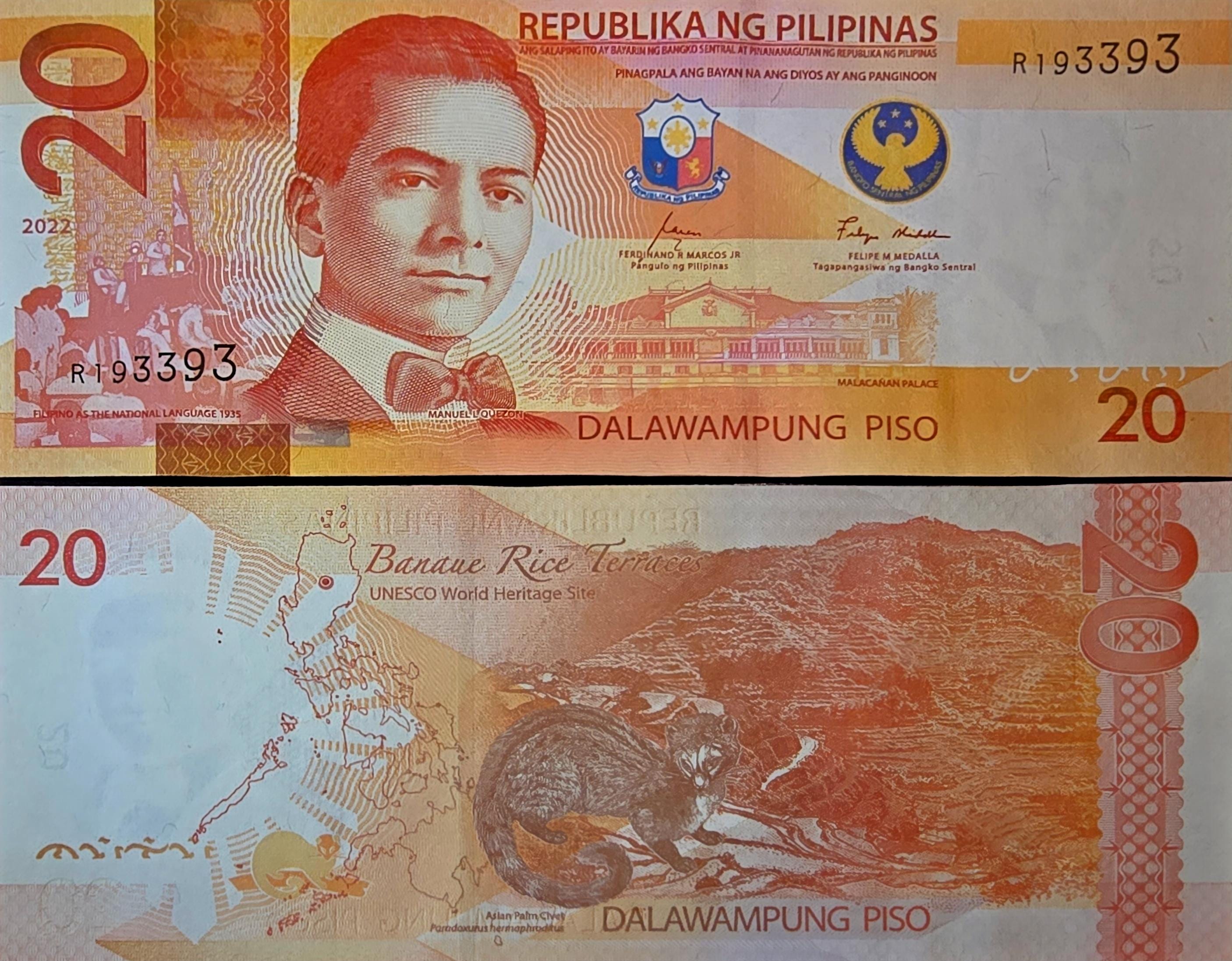 PHILIPPINES 20 Piso, B-1096a, 2022 UNCIRCULATED; Features an Asian Palm Civet