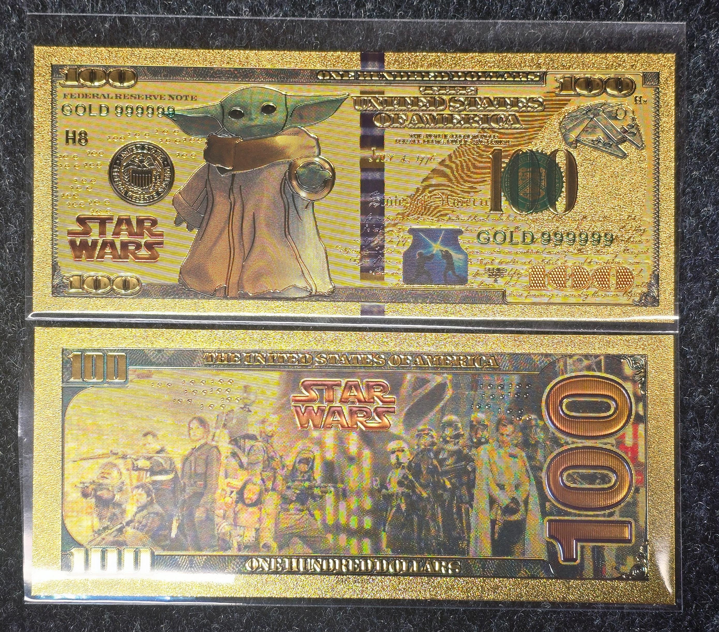 GROGU: Star Wars Galaxy .9999 GOLD Foil 100 Dollars Fantasy Note; Full color scene on back; Comes in a Collector Display holder