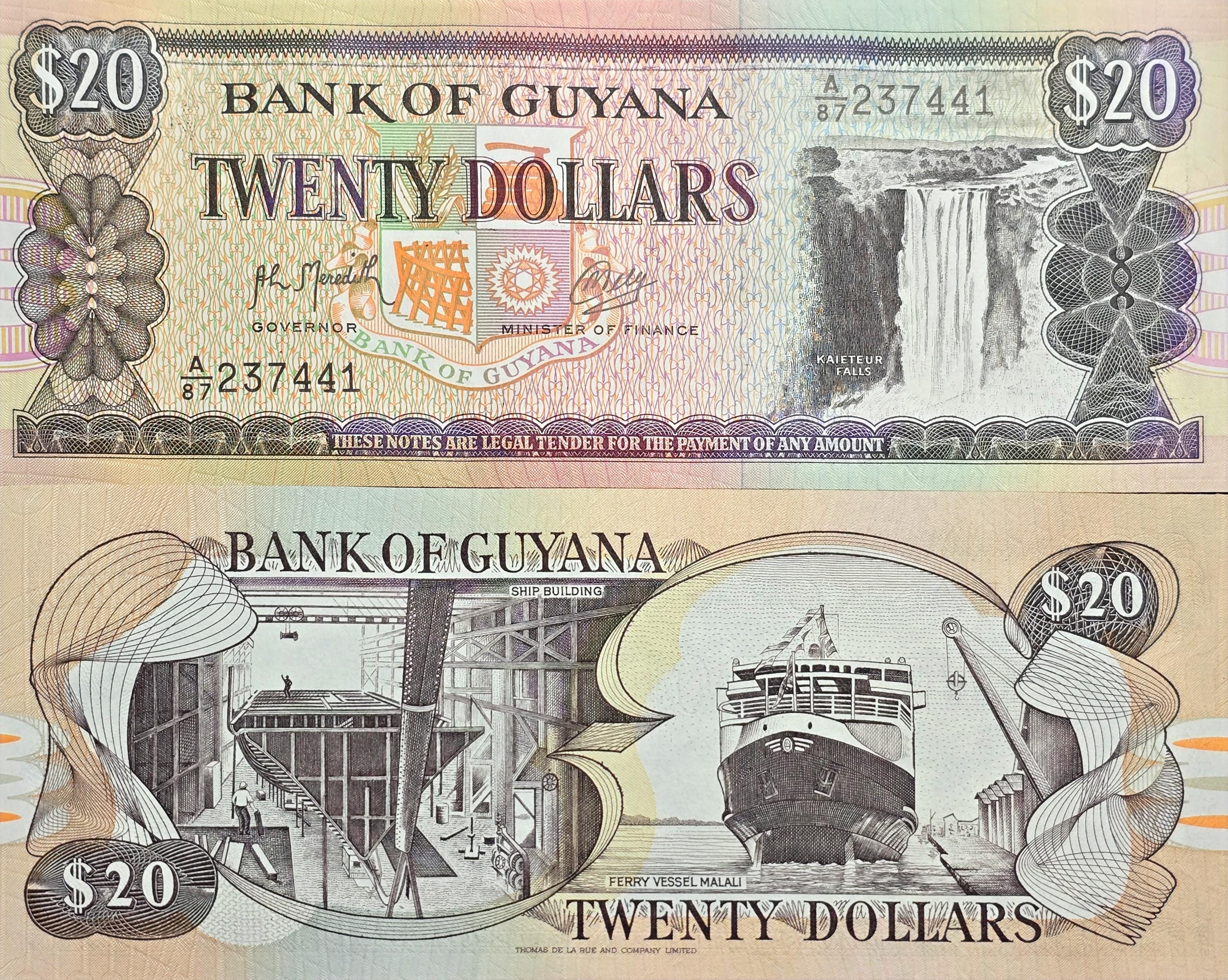 Guyana 20 Dollars, P-27, UNCIRCULATED, 1989, Sign 9, features the Kaieteur Waterfalls